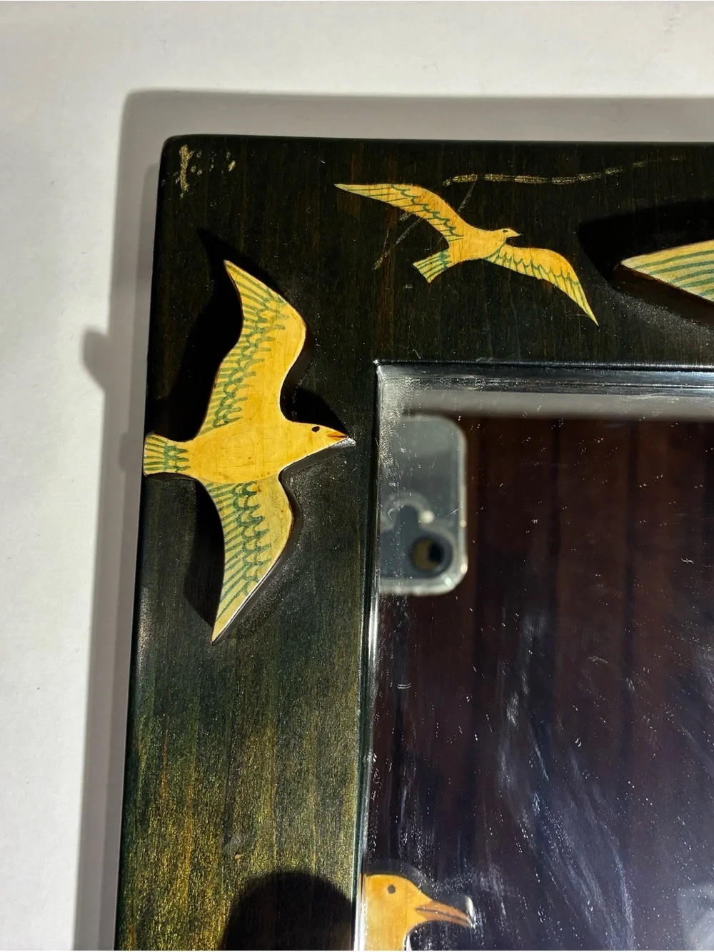 Vintage 1974 Signed WHiT Folk Art Wood Seagull Wall Mirror Hand Painted Decor
